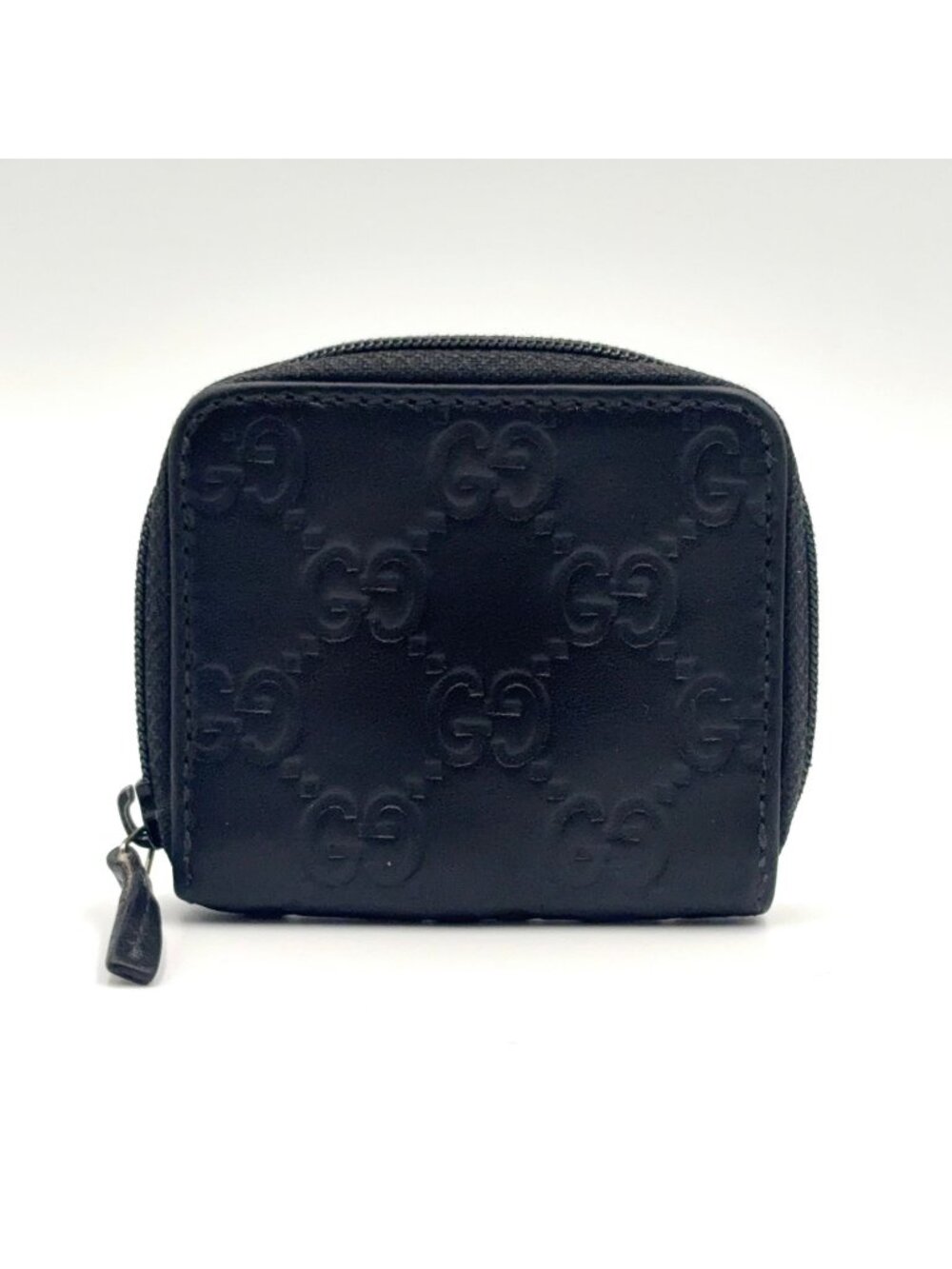 Gucci GG Coin Case Leather Black Wallet Silver